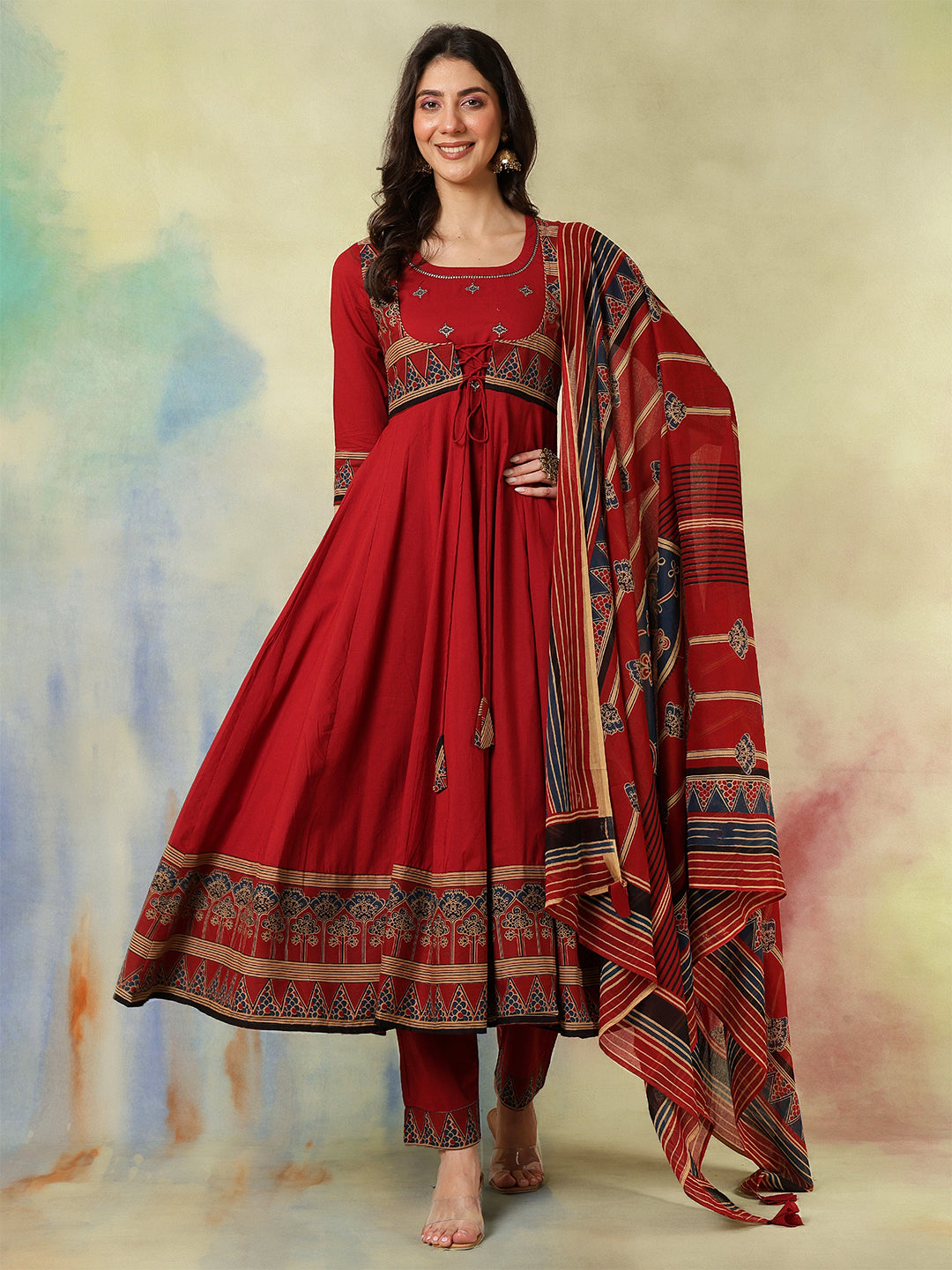 Cotton Calf Length Printed Embroidered A-Line3/4 Sleeves Round Neck Kurta Suit Set With Dupatta
