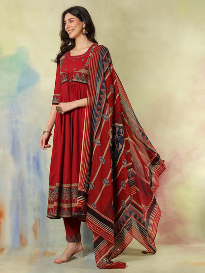 Cotton Calf Length Printed Embroidered A-Line3/4 Sleeves Round Neck Kurta Suit Set With Dupatta