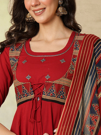 Cotton Calf Length Printed Embroidered A-Line3/4 Sleeves Round Neck Kurta Suit Set With Dupatta