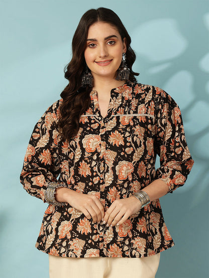 Printed 3/4 Sleeves Regular Pure Cotton (Black) Top (Preorder)