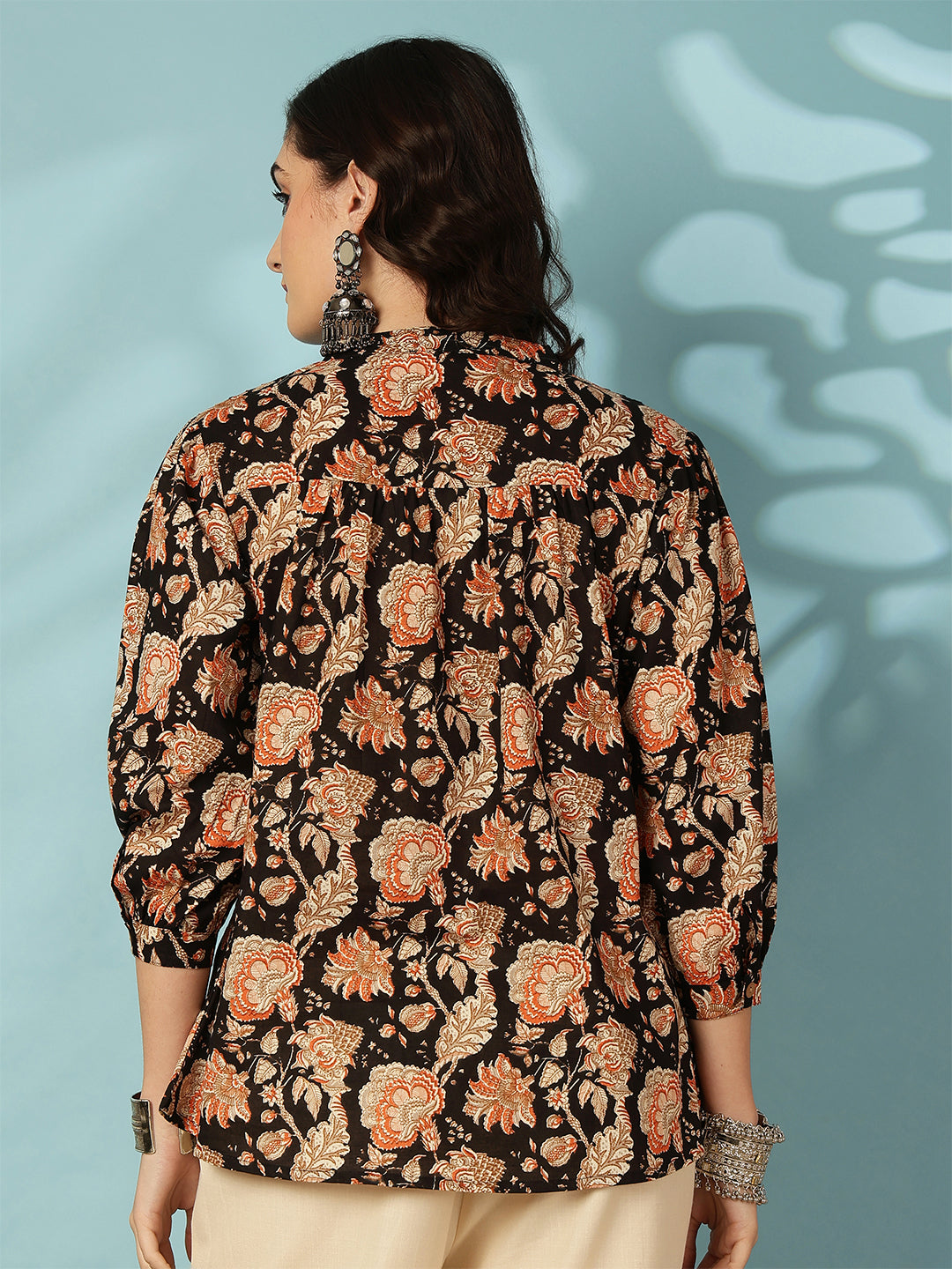 Printed 3/4 Sleeves Regular Pure Cotton (Black) Top (Preorder)