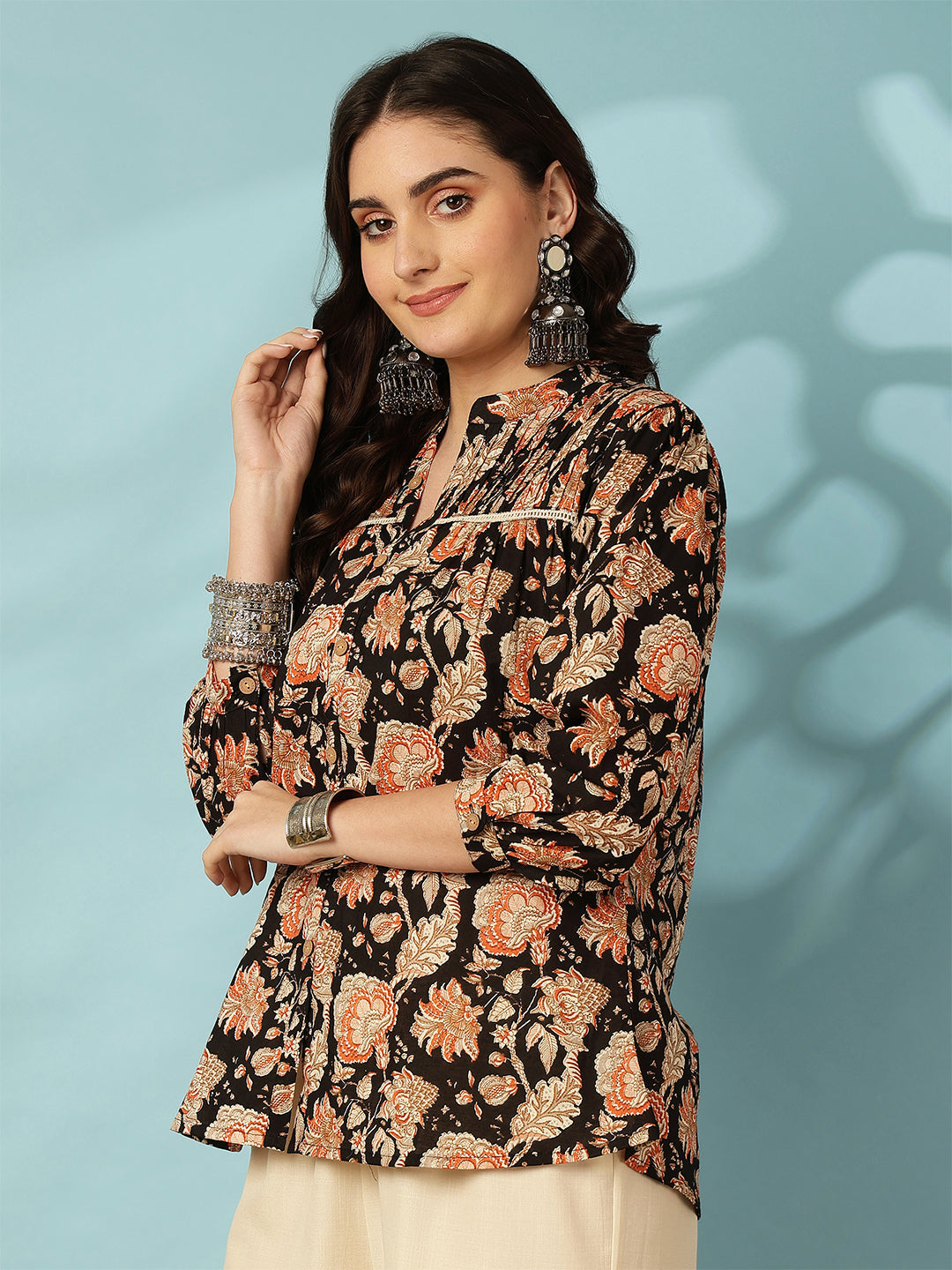 Printed 3/4 Sleeves Regular Pure Cotton (Black) Top (Preorder)