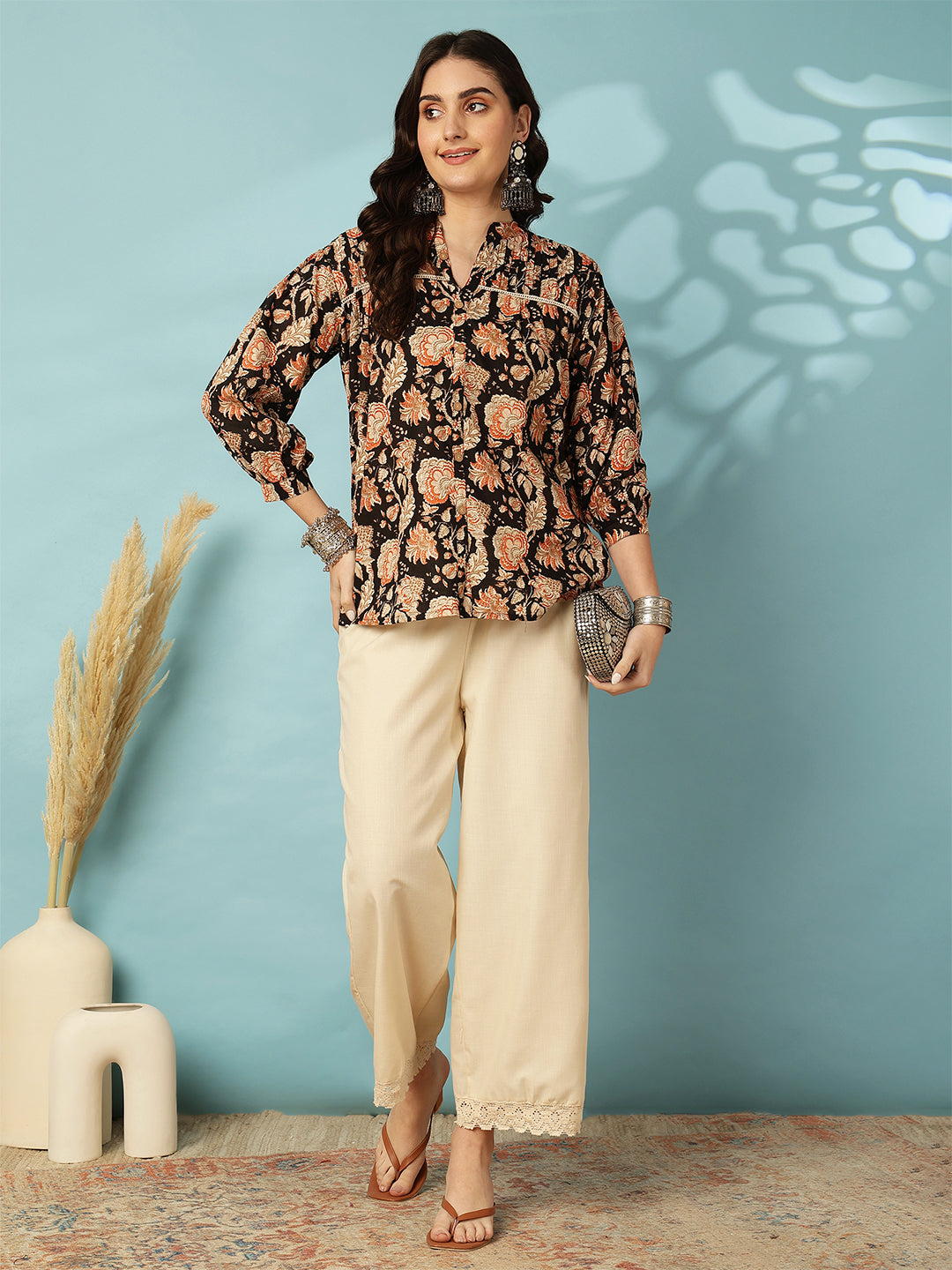 Printed 3/4 Sleeves Regular Pure Cotton (Black) Top