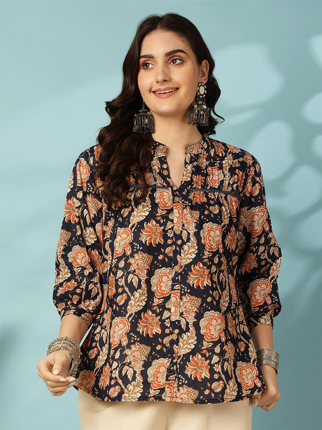 Printed 3/4 Sleeves Regular Pure Cotton (Blue) Top