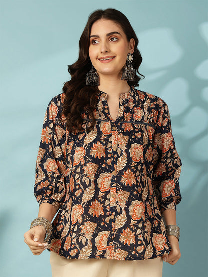 Printed 3/4 Sleeves Regular Pure Cotton (Blue) Top