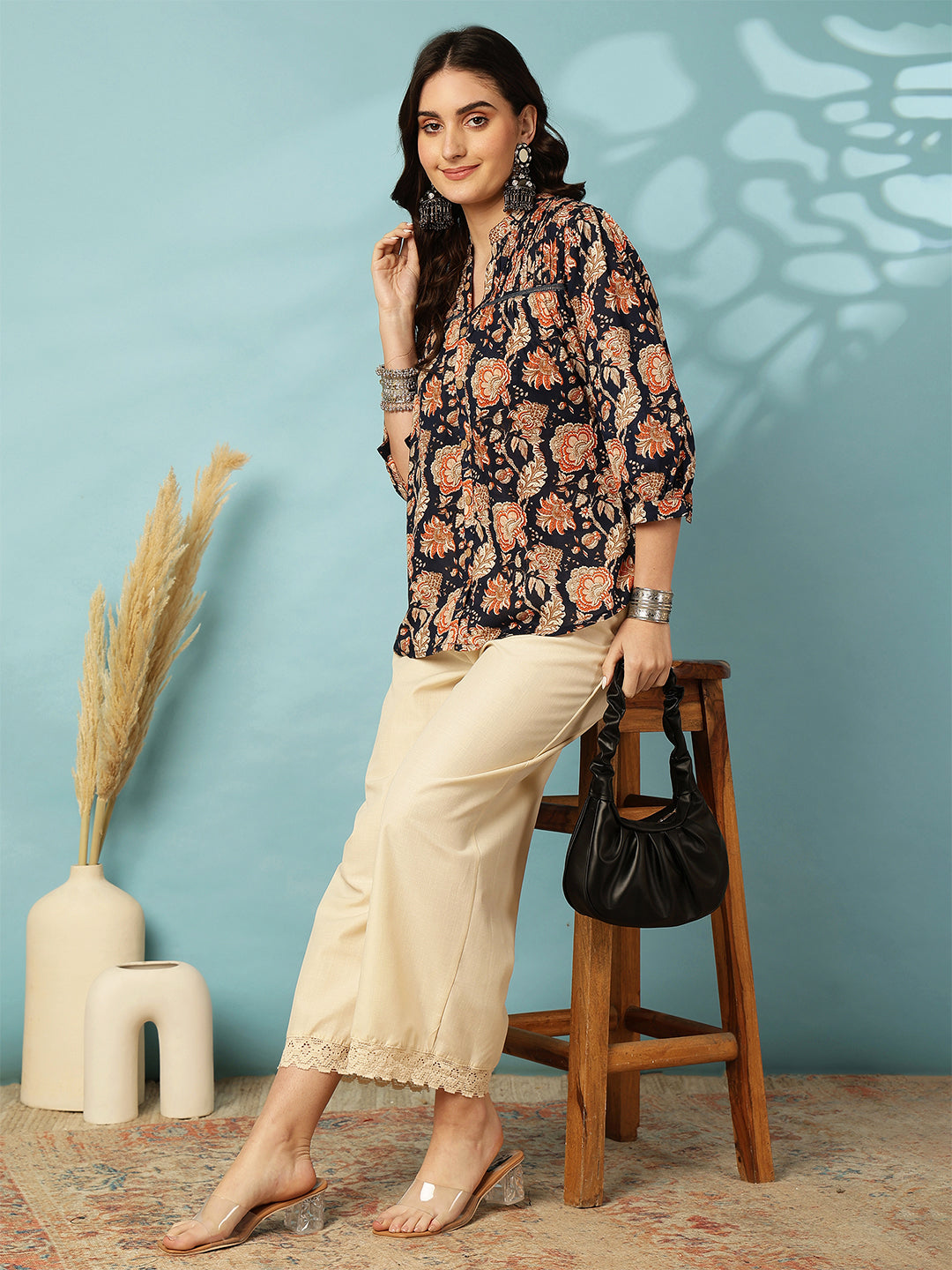 Printed 3/4 Sleeves Regular Pure Cotton (Blue) Top
