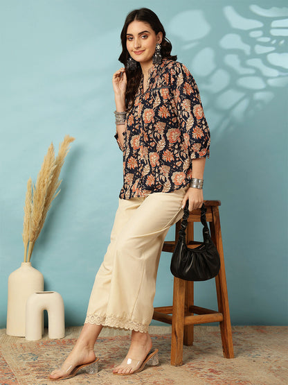 Printed 3/4 Sleeves Regular Pure Cotton (Blue) Top