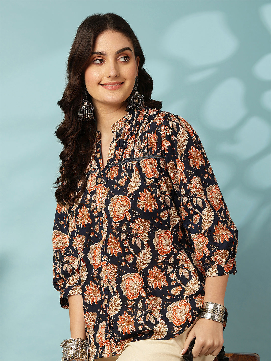 Printed 3/4 Sleeves Regular Pure Cotton (Blue) Top