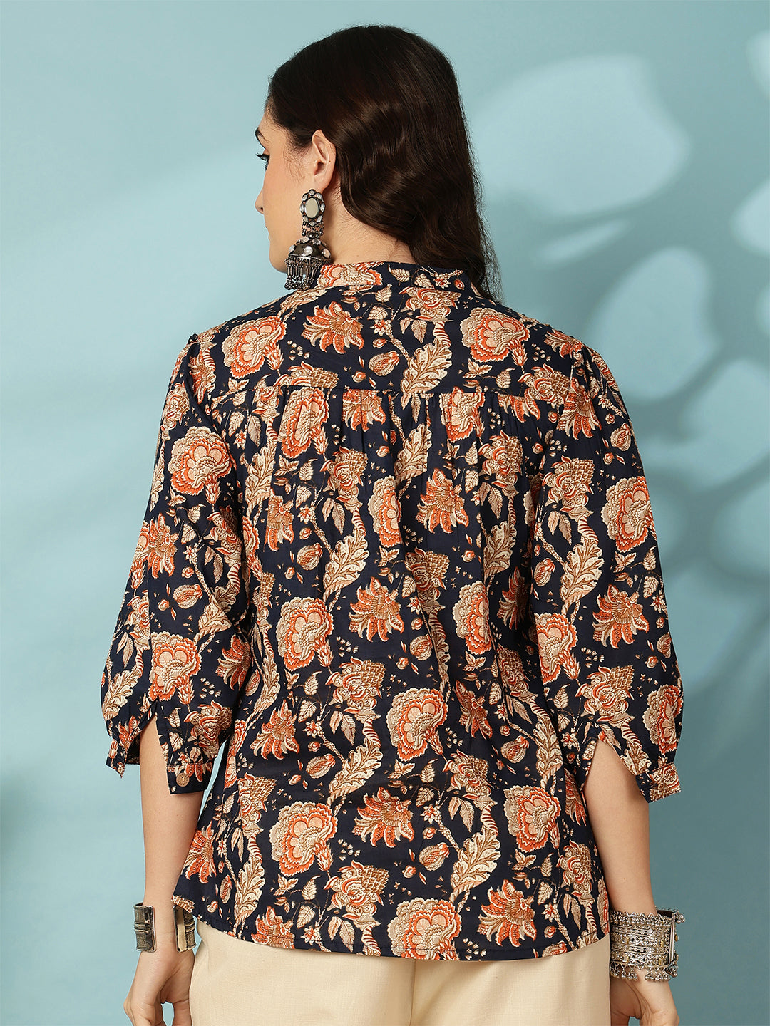 Printed 3/4 Sleeves Regular Pure Cotton (Blue) Top