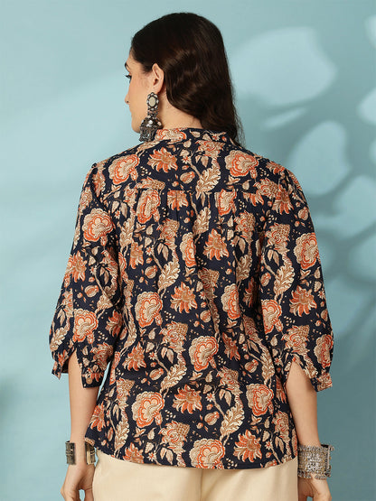 Printed 3/4 Sleeves Regular Pure Cotton (Blue) Top