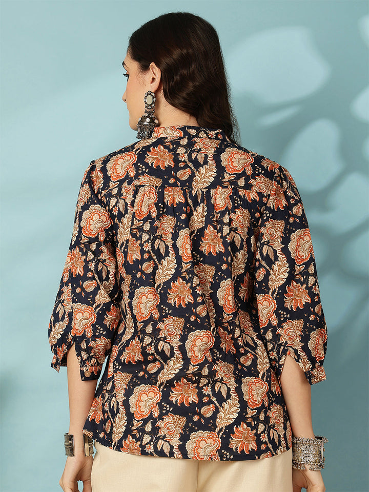 Printed 3/4 Sleeves Regular Pure Cotton (Blue) Top