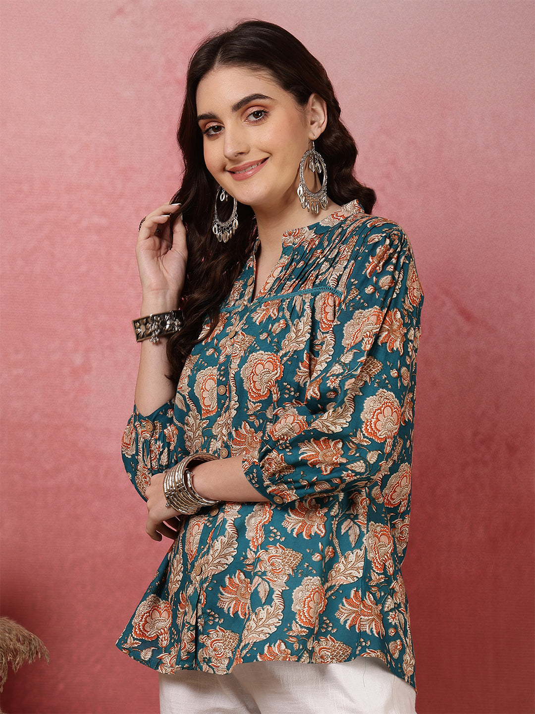 Printed 3/4 Sleeves Regular Pure Cotton (Teal) Top