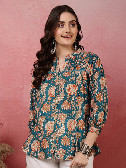 Printed 3/4 Sleeves Regular Pure Cotton (Teal) Top