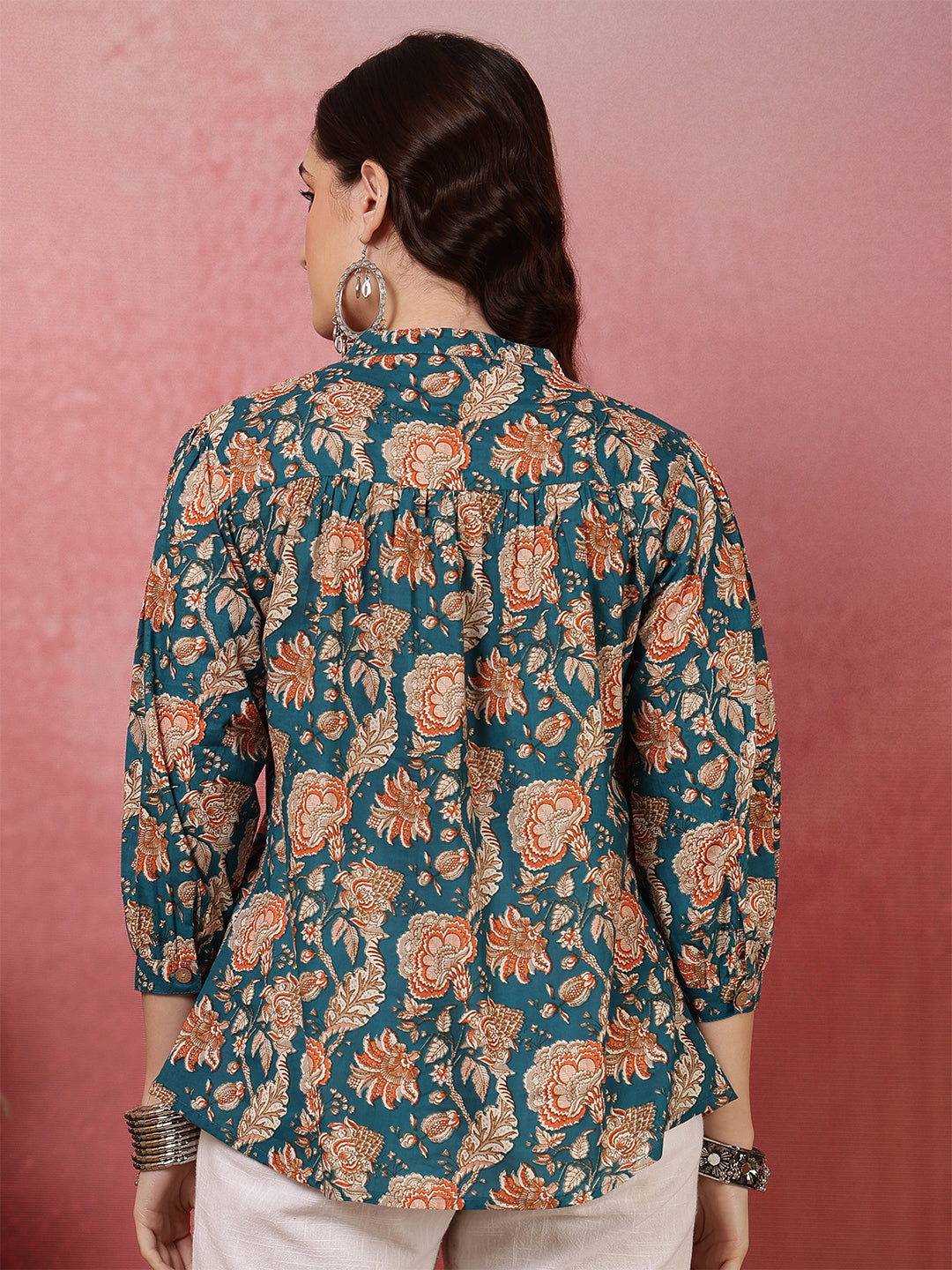 Printed 3/4 Sleeves Regular Pure Cotton (Teal) Top