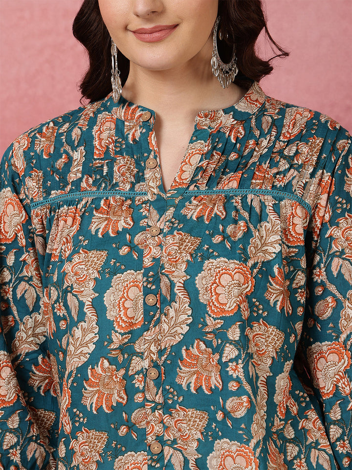 Printed 3/4 Sleeves Regular Pure Cotton (Teal) Top