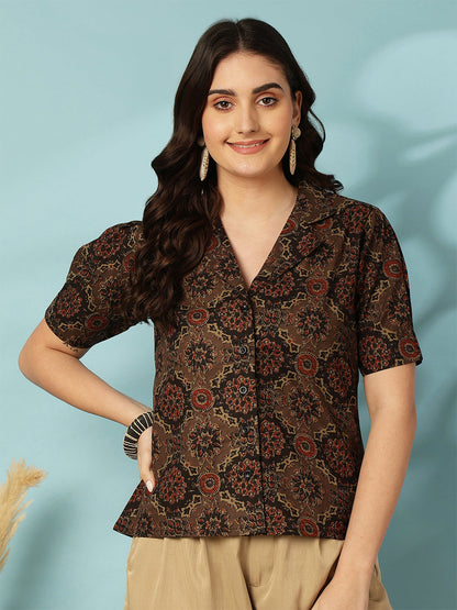 Printed Short Sleeve Regular Pure Cotton (Black) Top