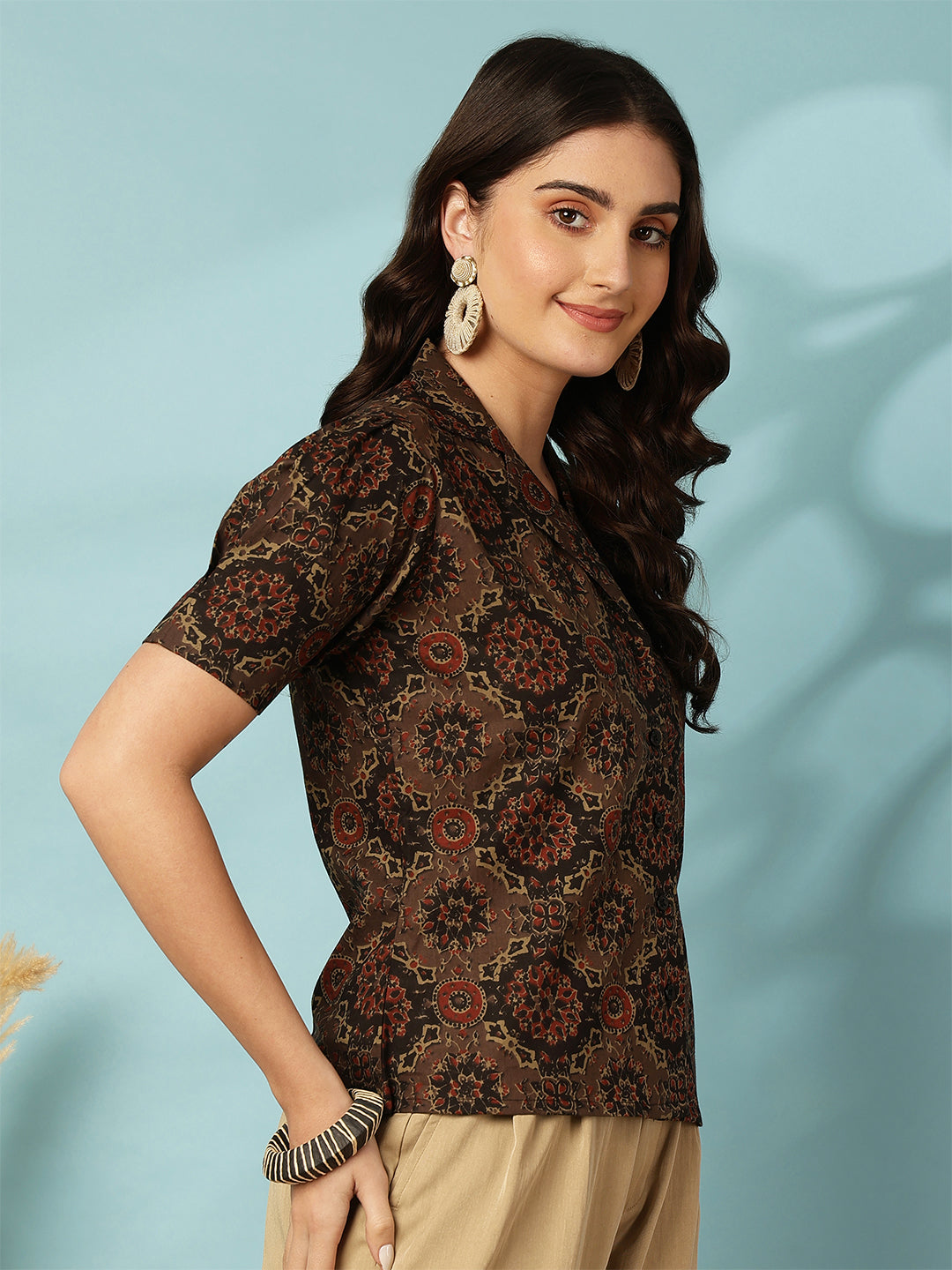 Printed Short Sleeve Regular Pure Cotton (Black) Top
