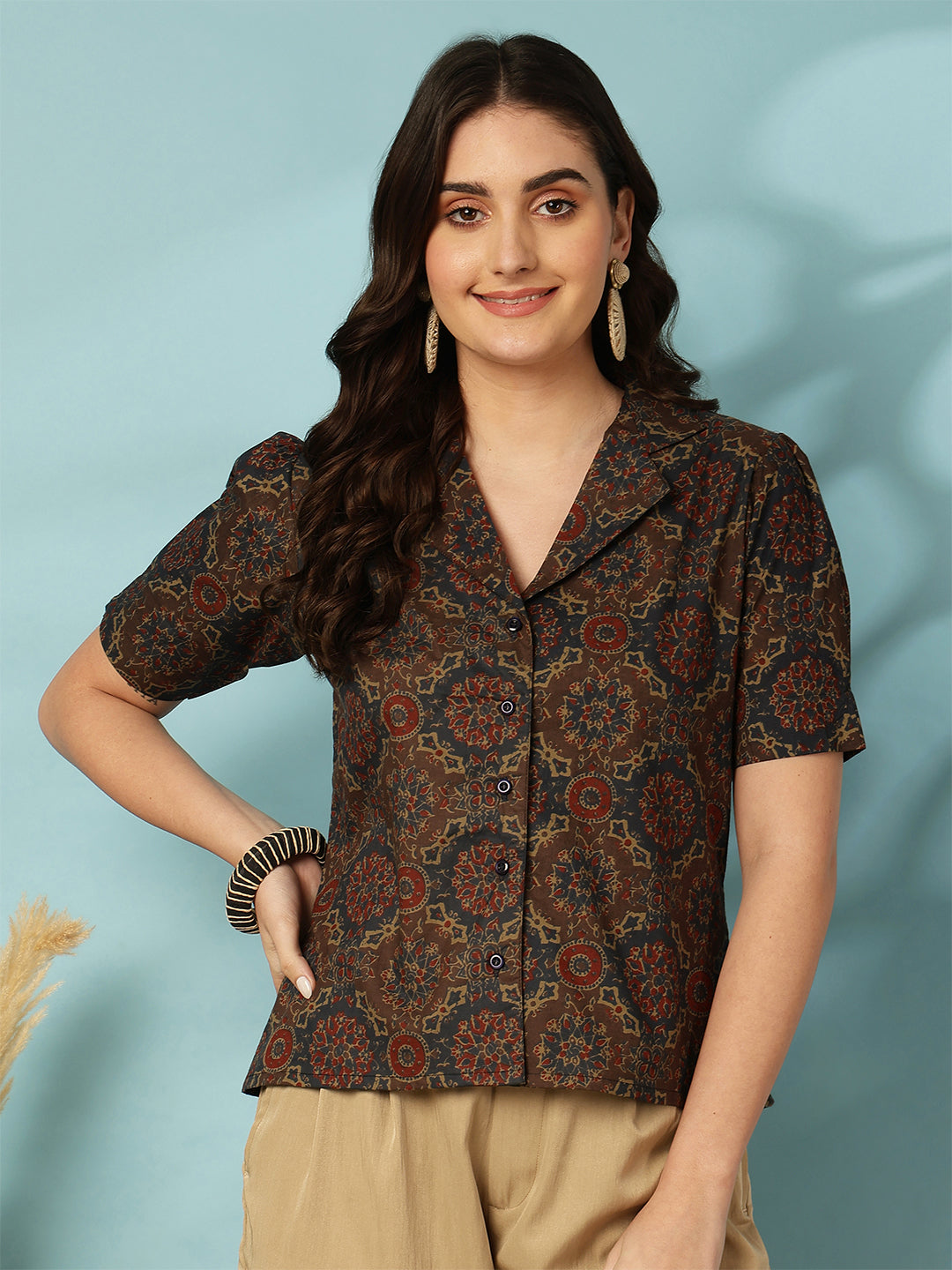 Printed Short Sleeve Regular Pure Cotton (Blue) Top