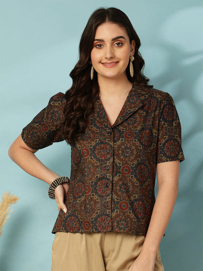 Printed Short Sleeve Regular Pure Cotton (Blue) Top