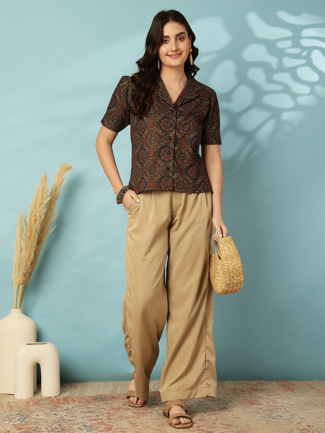 Printed Short Sleeve Regular Pure Cotton (Blue) Top