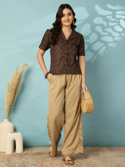 Printed Short Sleeve Regular Pure Cotton (Blue) Top
