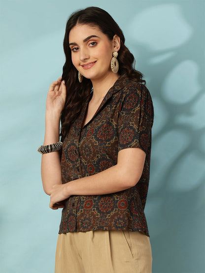 Printed Short Sleeve Regular Pure Cotton (Blue) Top