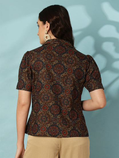 Printed Short Sleeve Regular Pure Cotton (Blue) Top