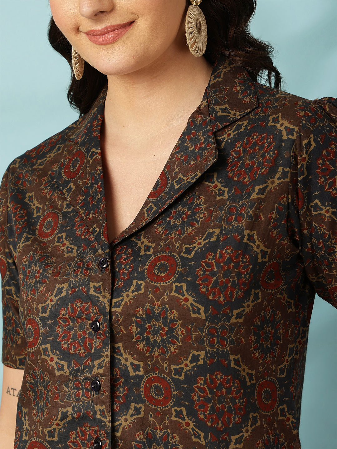 Printed Short Sleeve Regular Pure Cotton (Blue) Top