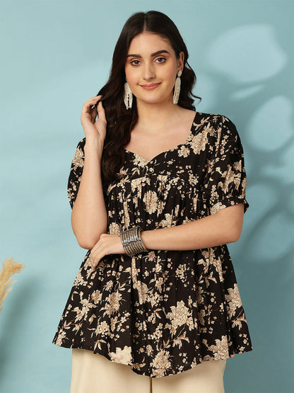 Printed Short Sleeve Regular Pure Cotton (Black) Top