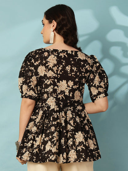 Printed Short Sleeve Regular Pure Cotton (Black) Top