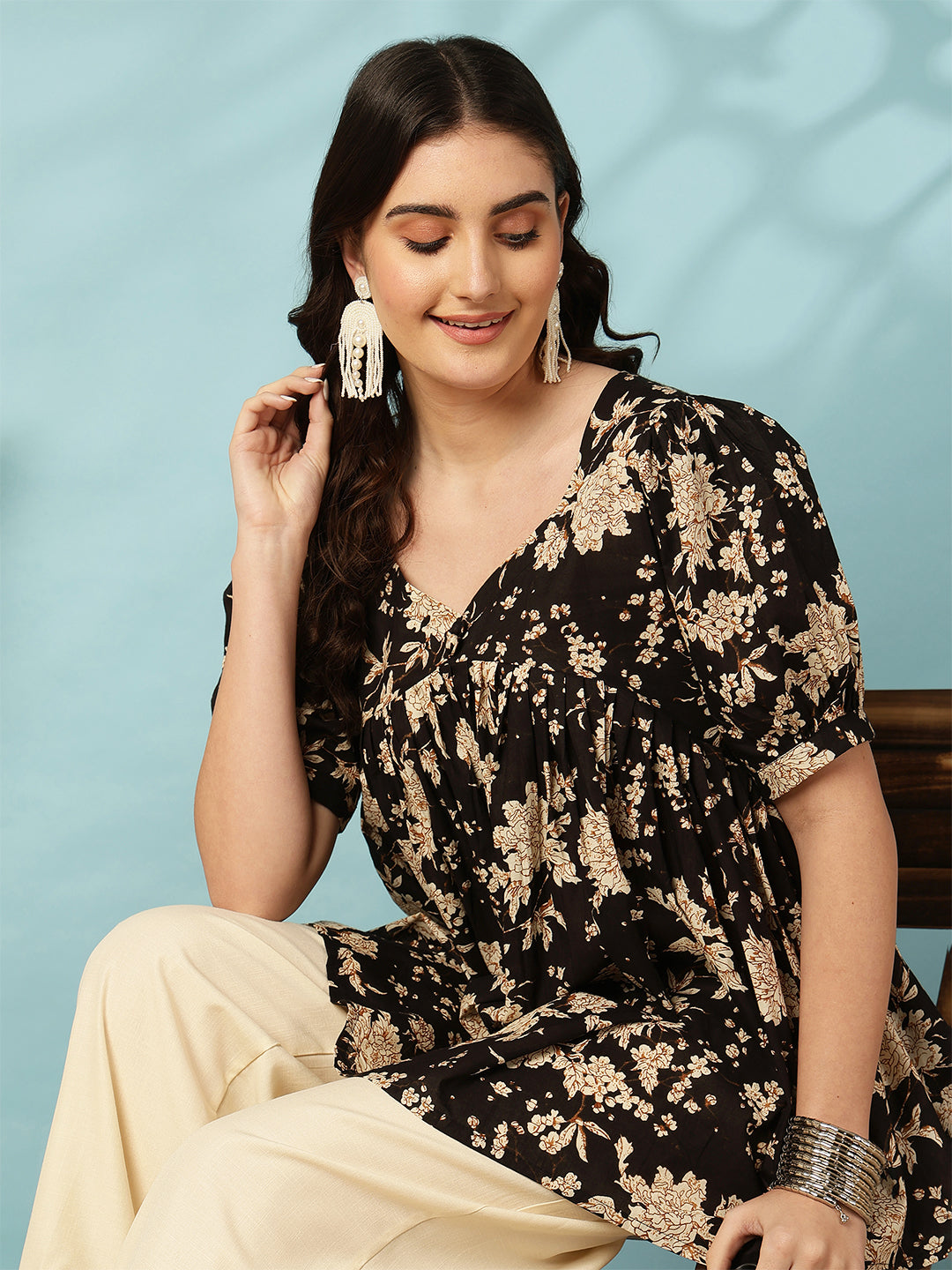 Printed Short Sleeve Regular Pure Cotton (Black) Top