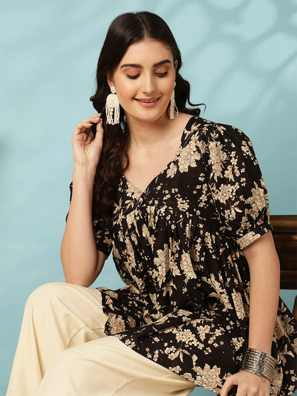 Printed Short Sleeve Regular Pure Cotton (Black) Top