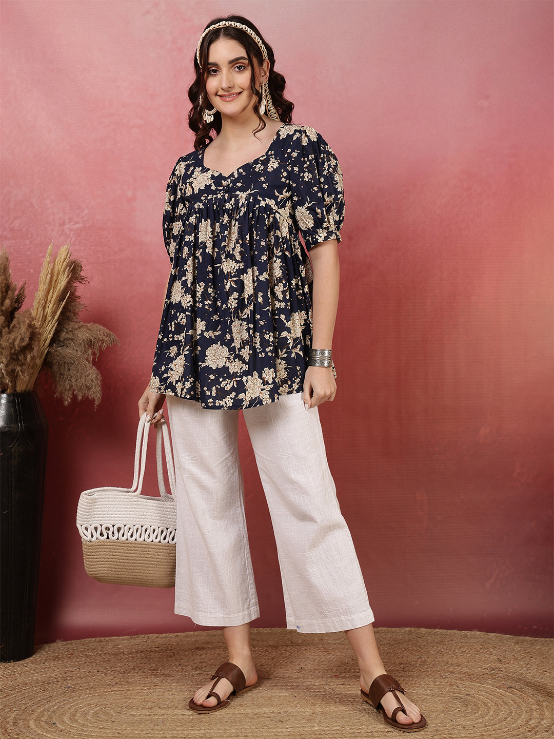 Printed Short Sleeve Regular Pure Cotton (Blue) Top