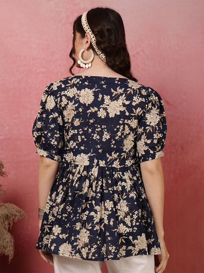 Printed Short Sleeve Regular Pure Cotton (Blue) Top (Preorder)