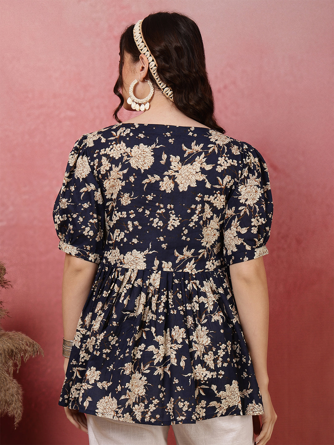 Printed Short Sleeve Regular Pure Cotton (Blue) Top