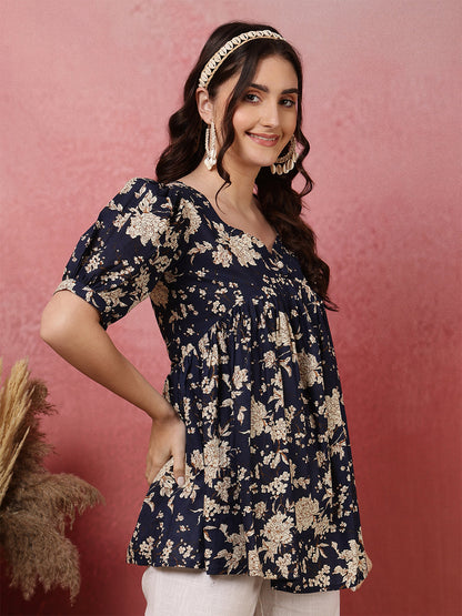 Printed Short Sleeve Regular Pure Cotton (Blue) Top (Preorder)