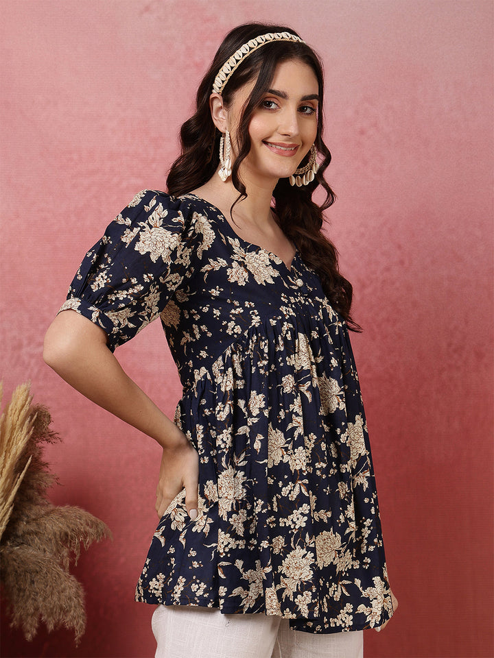 Printed Short Sleeve Regular Pure Cotton (Blue) Top