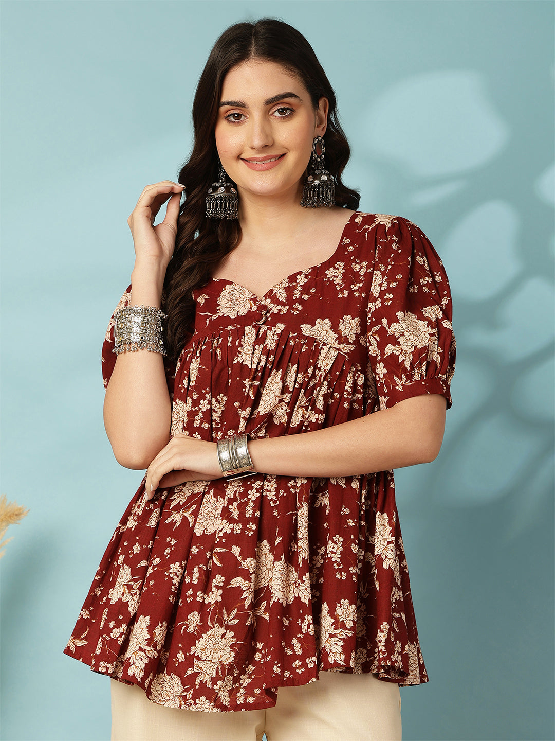 Printed Short Sleeve Regular Pure Cotton (Maroon) Top (Preorder)