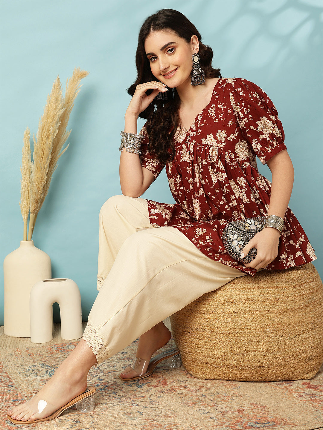 Printed Short Sleeve Regular Pure Cotton (Maroon) Top (Preorder)