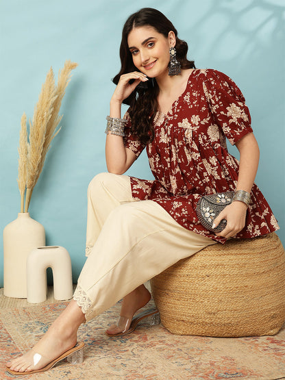 Printed Short Sleeve Regular Pure Cotton (Maroon) Top (Preorder)