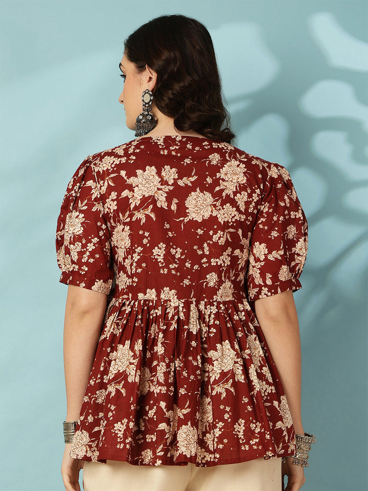 Printed Short Sleeve Regular Pure Cotton (Maroon) Top