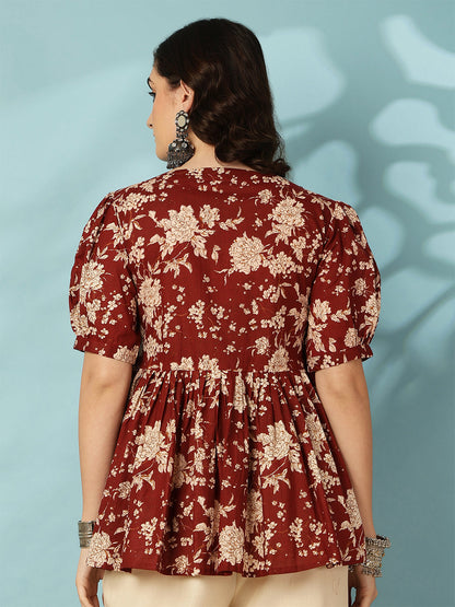 Printed Short Sleeve Regular Pure Cotton (Maroon) Top (Preorder)