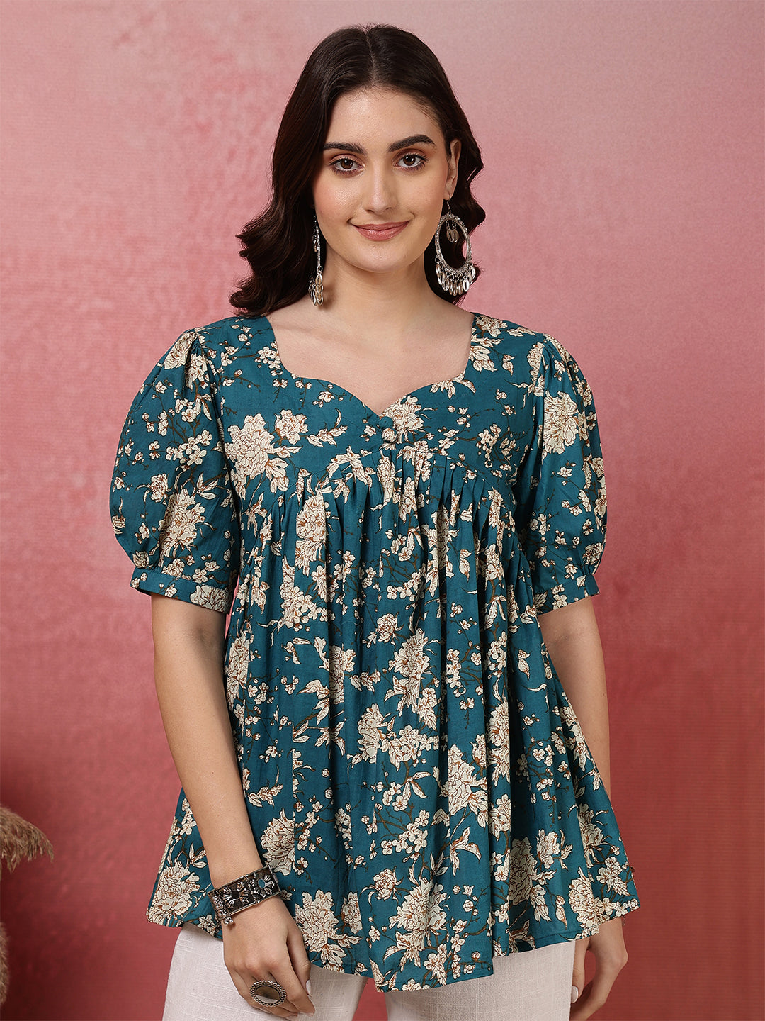 Printed Short Sleeve Regular Pure Cotton (Teal) Top