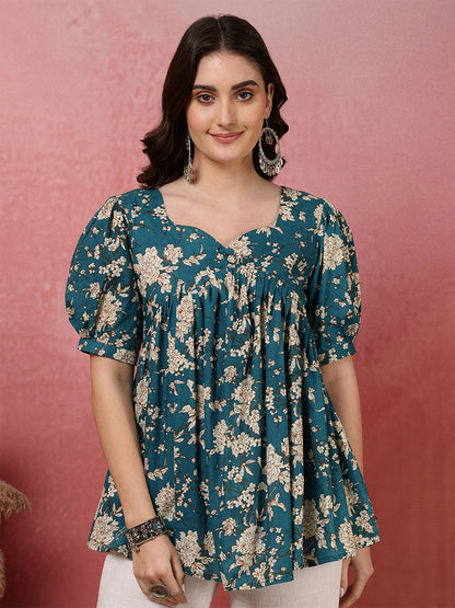 Printed Short Sleeve Regular Pure Cotton (Teal) Top