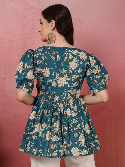 Printed Short Sleeve Regular Pure Cotton (Teal) Top (Preorder)
