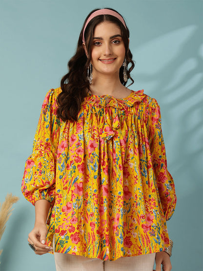 Printed 3/4 Sleeves Regular Pure Cotton (Yellow) Top