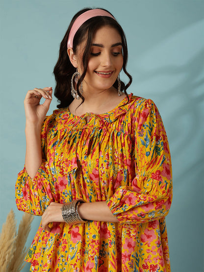 Printed 3/4 Sleeves Regular Pure Cotton (Yellow) Top