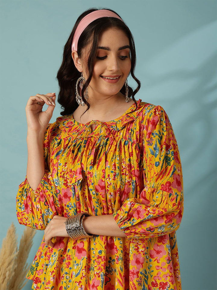 Printed 3/4 Sleeves Regular Pure Cotton (Yellow) Top