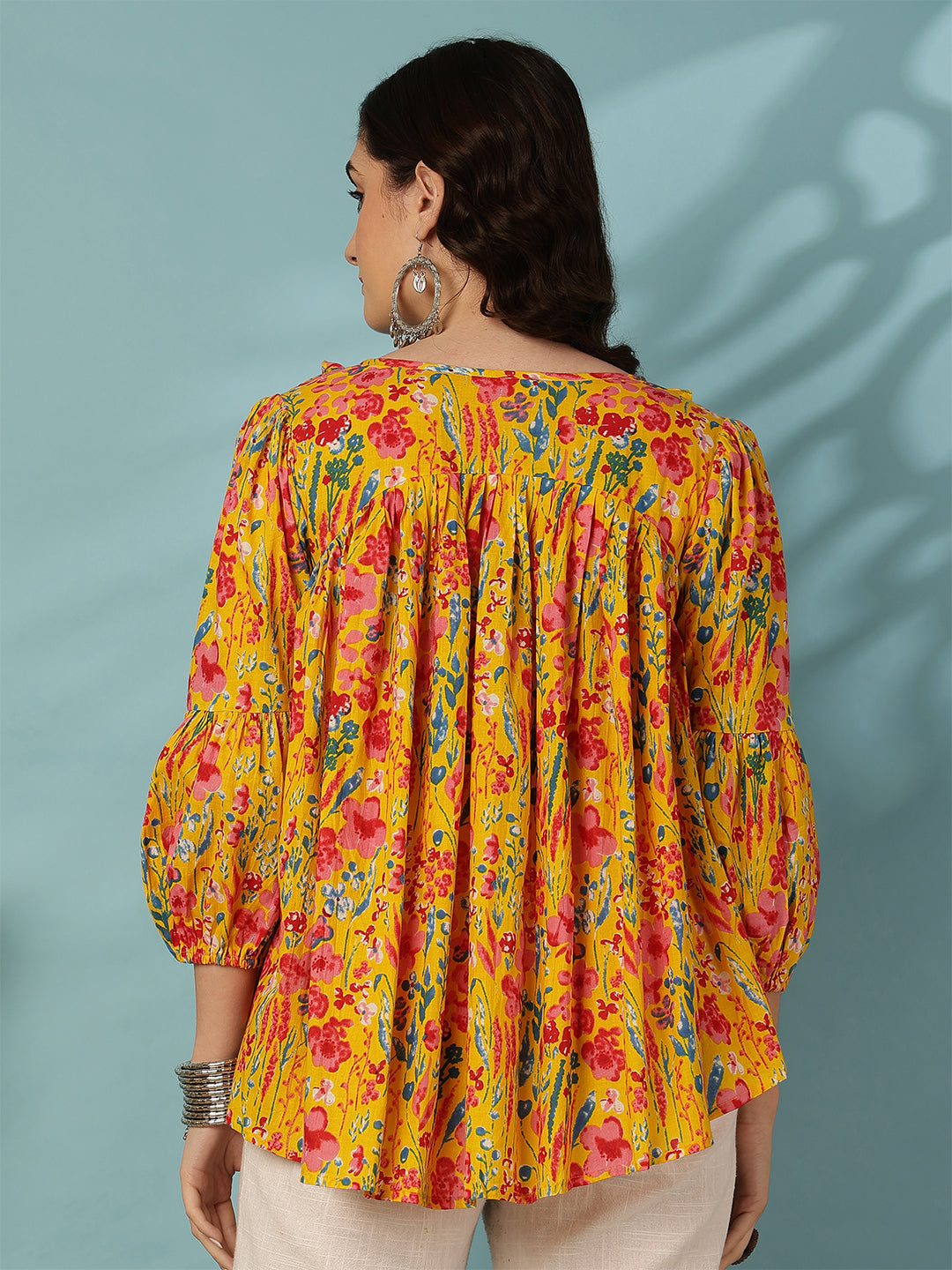 Printed 3/4 Sleeves Regular Pure Cotton (Yellow) Top (Preorder)