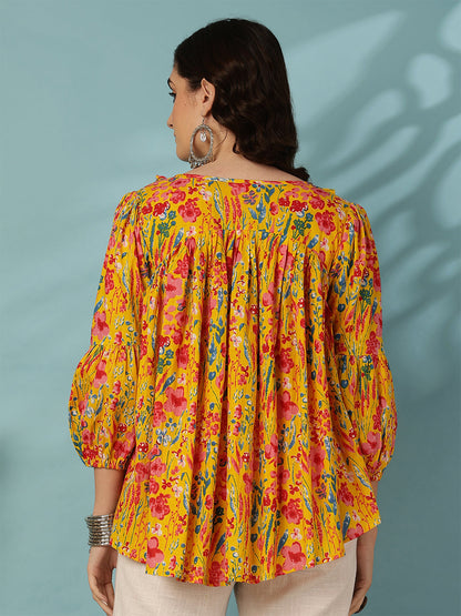 Printed 3/4 Sleeves Regular Pure Cotton (Yellow) Top (Preorder)